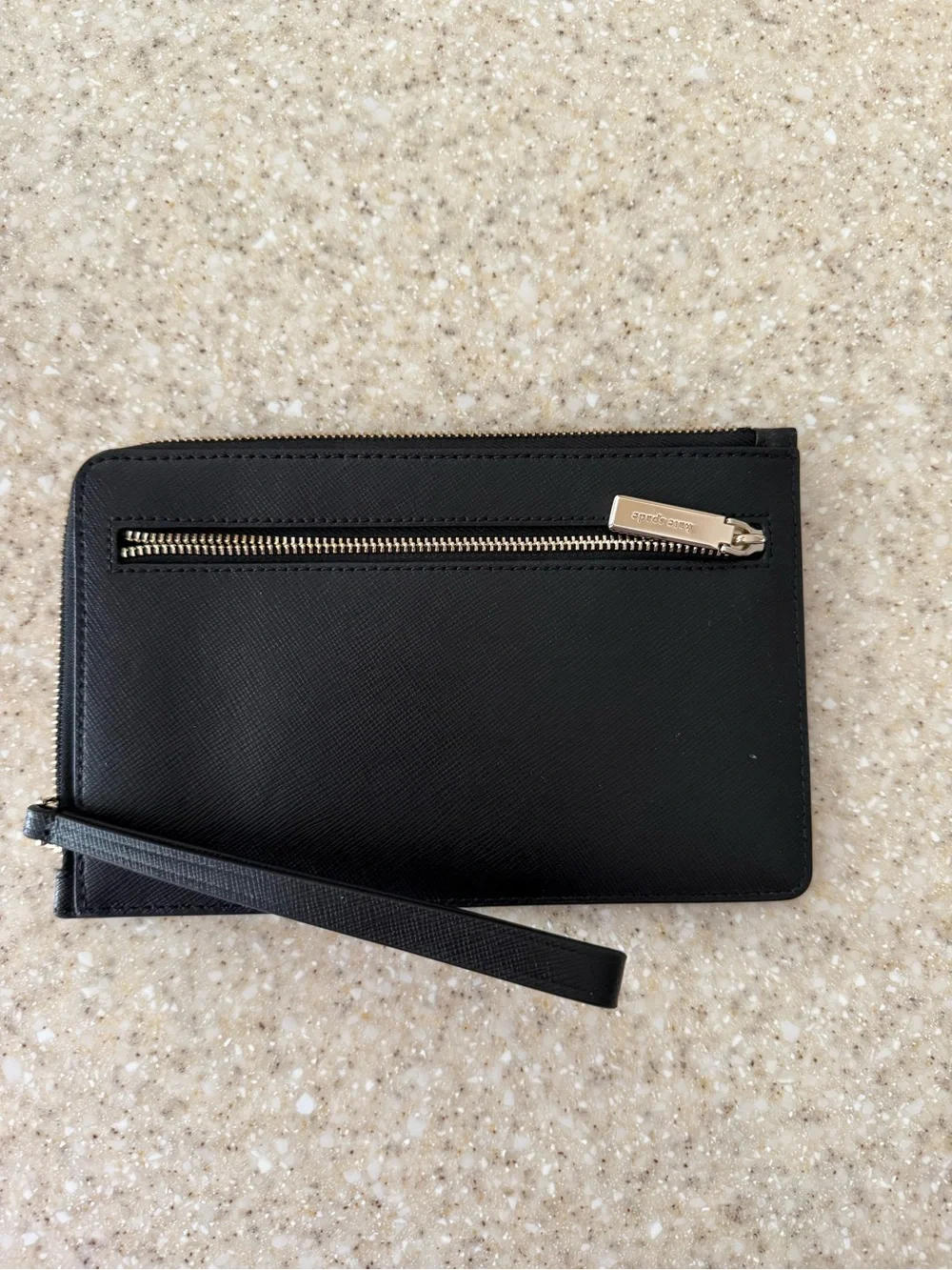 kate spade Black Leather Zip Clutch with Gold Logo